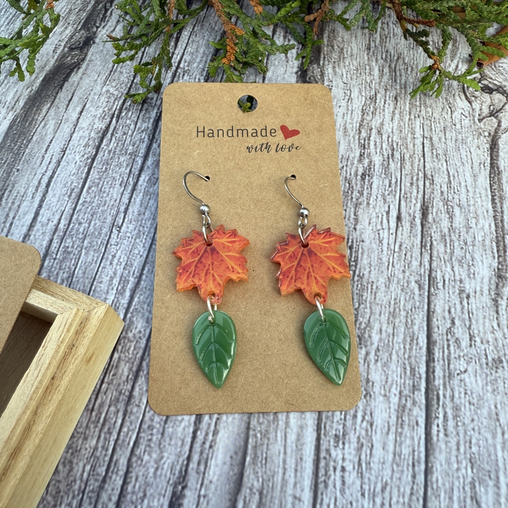 Earth Art Hand Crafted Artisan Orange and Green Leaf Earrings